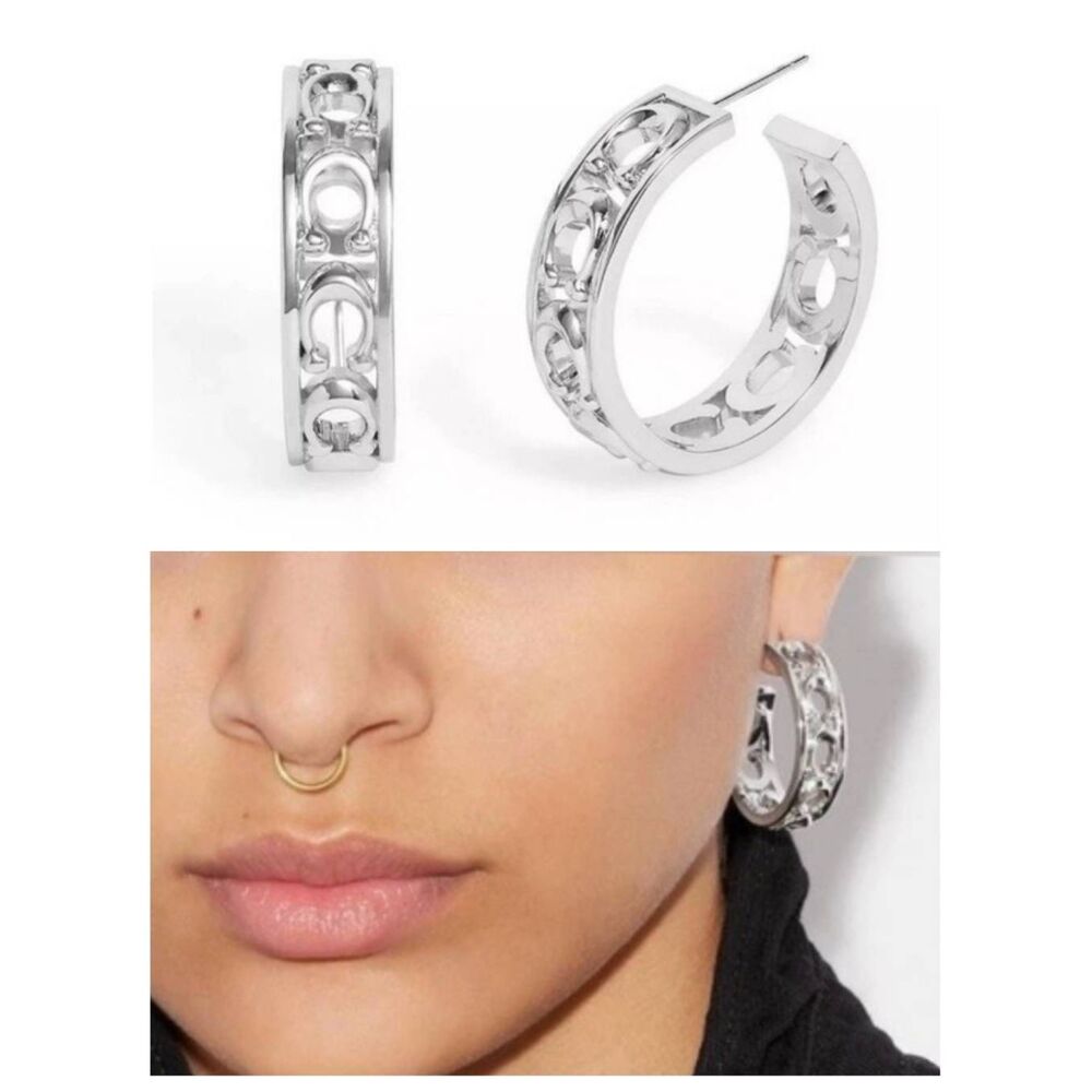 COACH Signature Silver 1 1/4 Cut Out Hoop Earrings